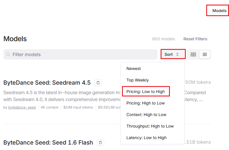 OpenRouter 모델 목록을 낮은 가격순으로 정렬한 화면